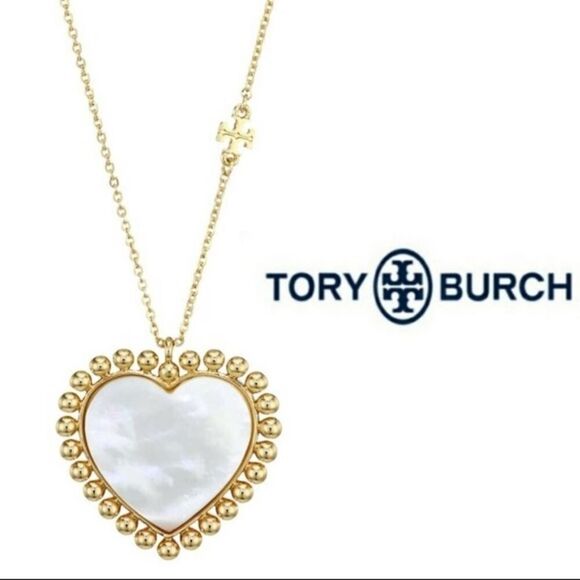 NWT Tory Burch Gold Logo Heart Mother of Pearl Necklace - Picture 3 of 4
